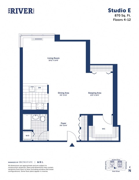Floor plan for studio, 1 bath, 870 sqft